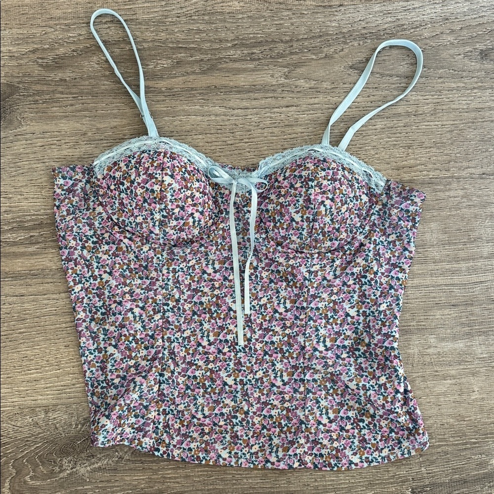Y2K 90s blue Pink Lace Corsette Tank Top Womens L ditzy floral milkmaid coquette